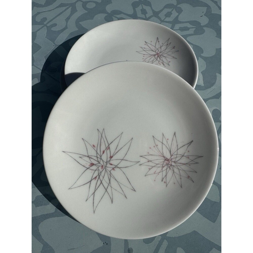MCM Caribe Pink Fancy Atomic Starburst Plates Set of 3 White Gray Dinnerware VTG - Picture 4 of 7